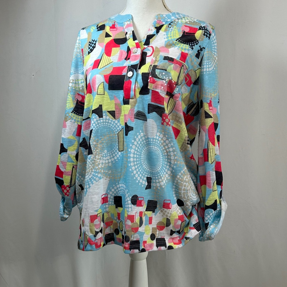 Ali Miles‎ Women's Abstract Print Roll Tab Sleeve Button Up Top